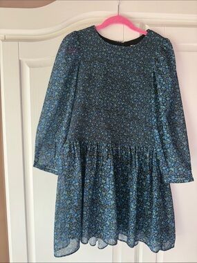 Girls' Navy Blue Floral Long-Sleeve Dress